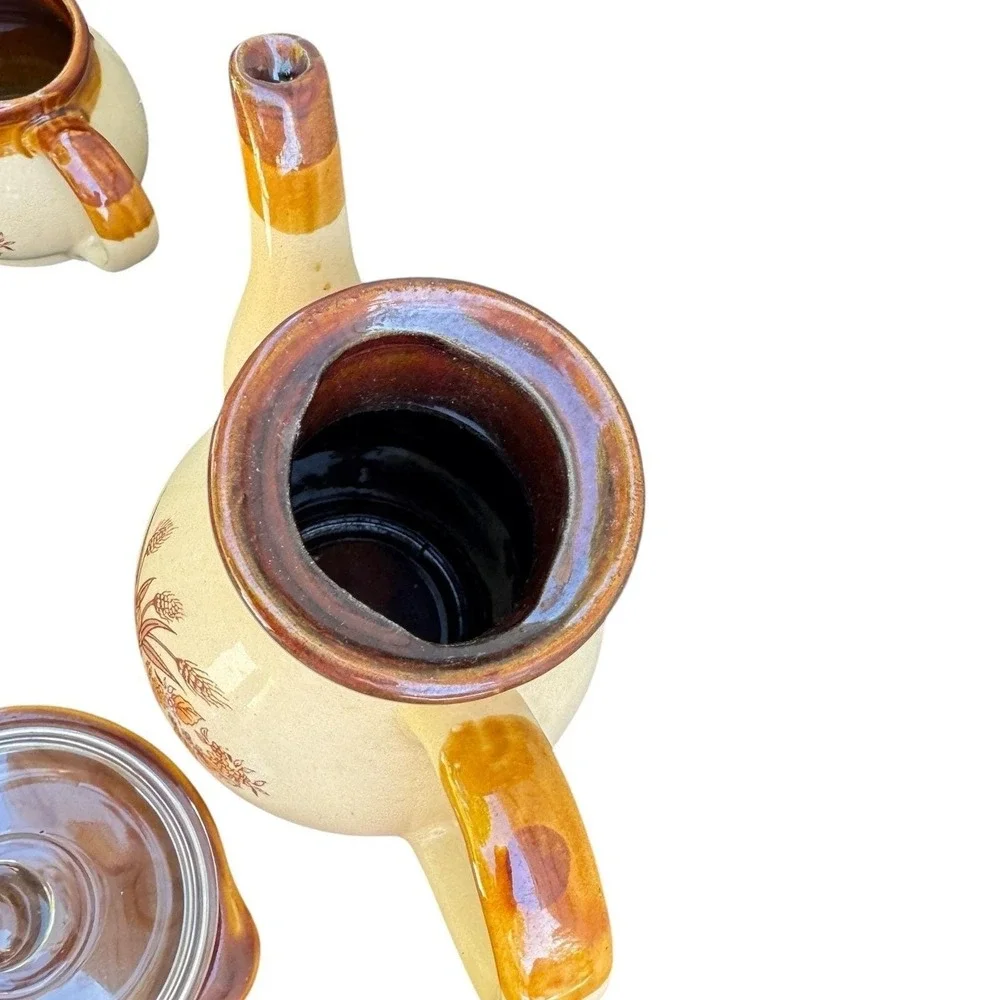 Vintage Stoneware Tea Set Wheat Pattern Teapot Creamer‎ Sugar 4 Mugs Brown Tan